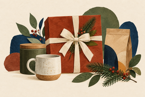 Illustration of a ribbon-wrapped gift, plain jar, coffee pouch and cup with evergreen foliage.