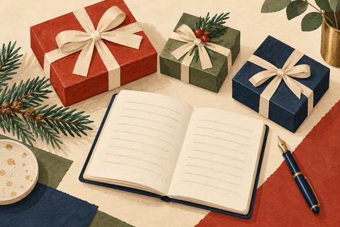 Paper-style illustration of wrapped gifts beside a notebook and pen.