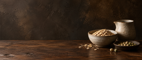 Conceptual ingredient still life with oats and dried peas; not a maker photograph.