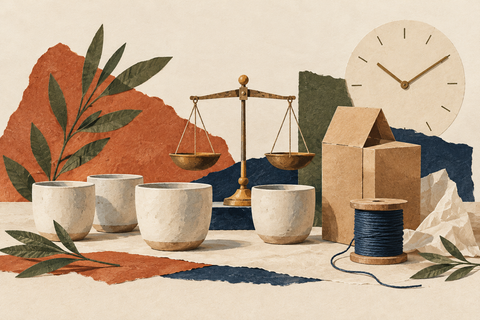Illustration of ceramic cups, a balance scale, clock, thread and packaging.