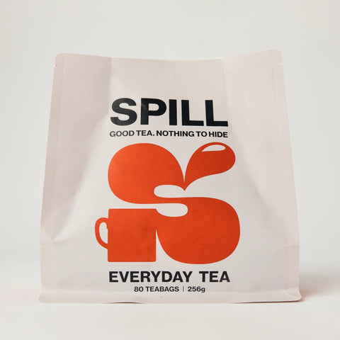 SPILL Everyday Tea 80 tea bags pouch, white with large orange logo