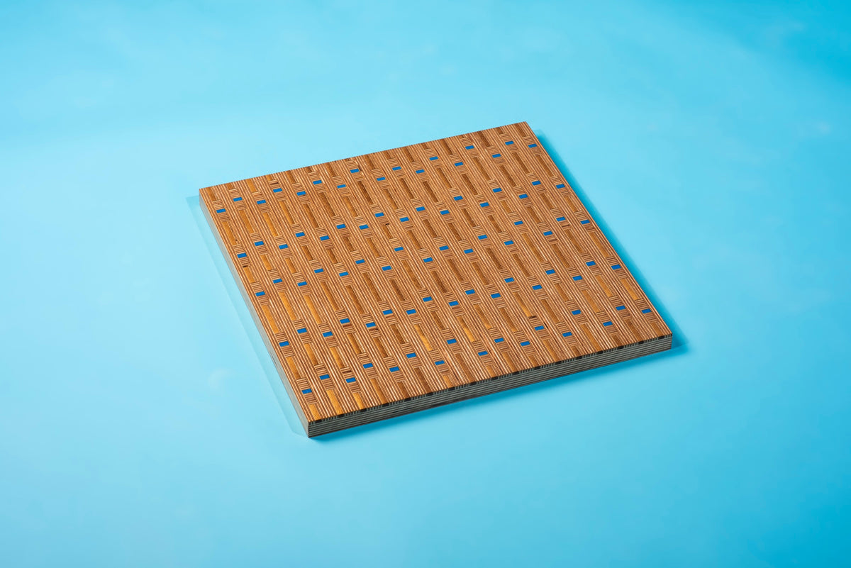 Stratum patterned material panel with blue accents