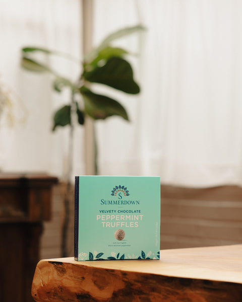 Summerdown peppermint truffle gift box with teal design and truffle balls graphic