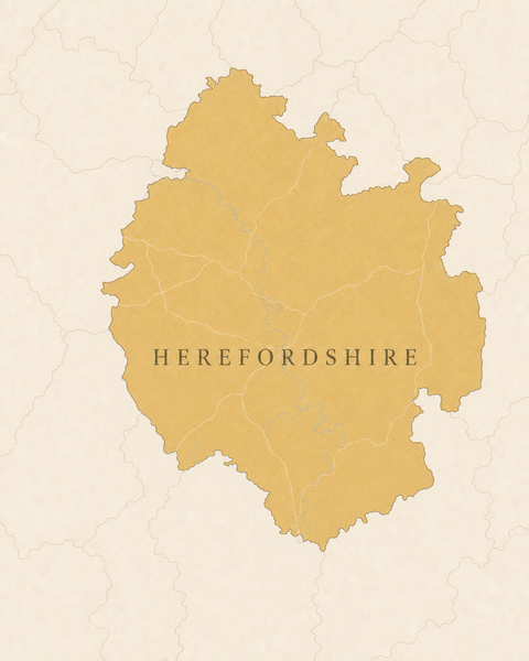 Editorial map illustration outlining Herefordshire, England.