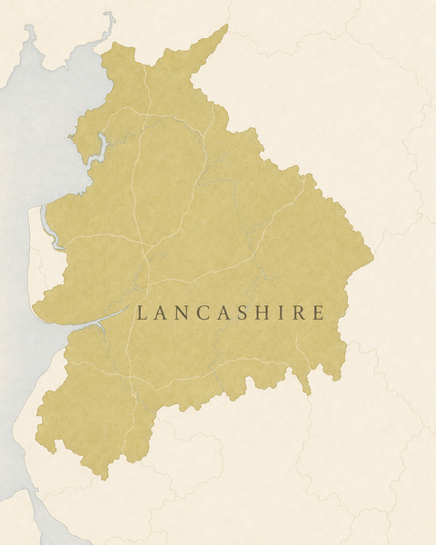 Editorial map illustration outlining Lancashire, England