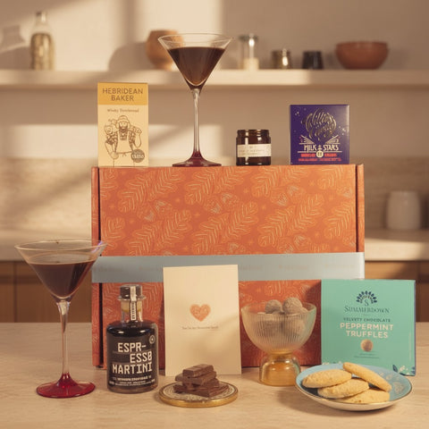 The Local's Lover's Box gift set with espresso martini, chocolates, shortbread, truffles, candle, and card.