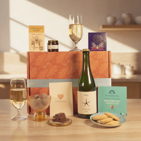 The Local's Lover's Box gift set with sparkling wine, chocolate, peppermint truffles, whisky shortbread, and candle.